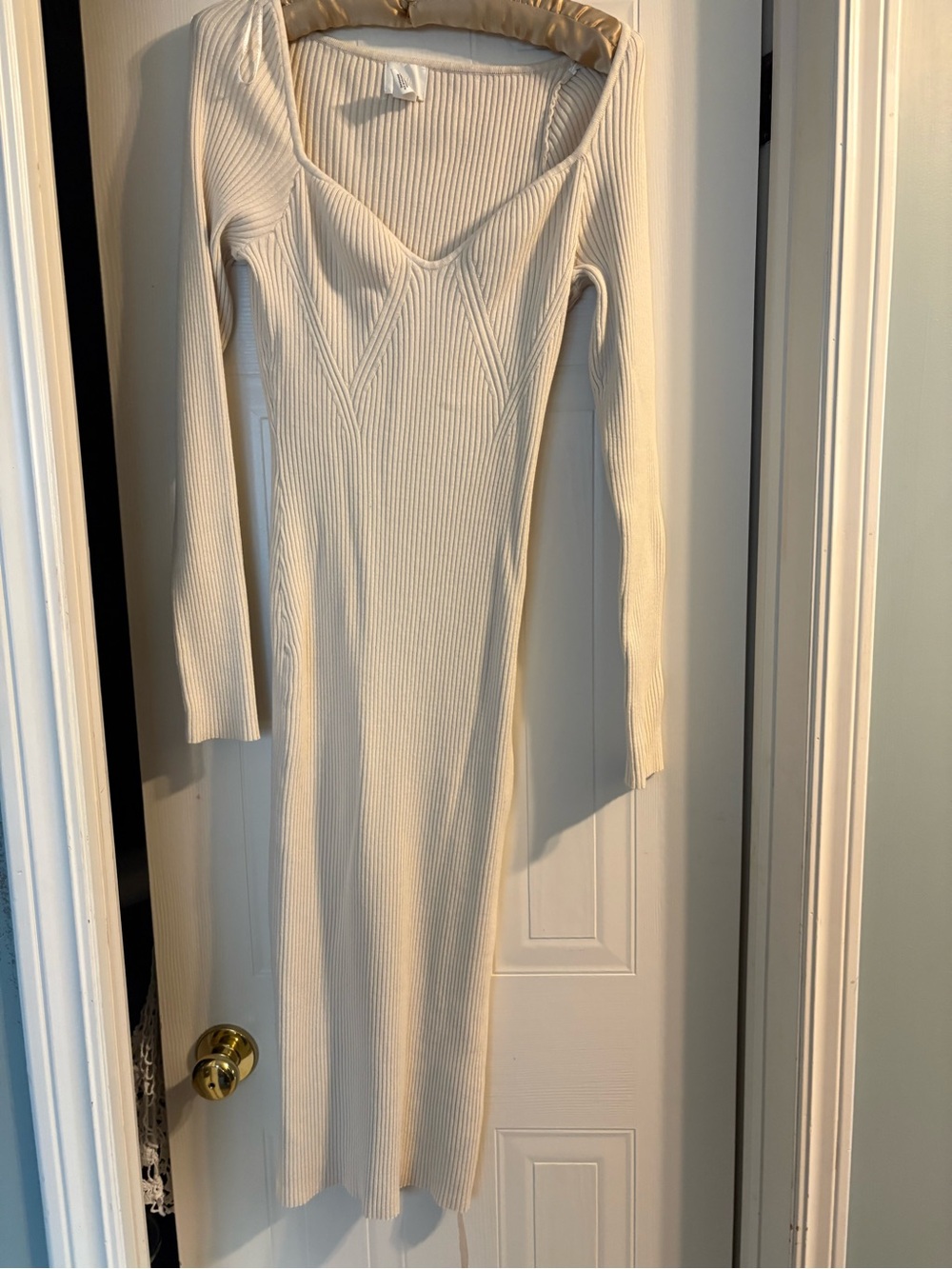 H&M Cream Ribbed Long-Sleeve Midi Dress